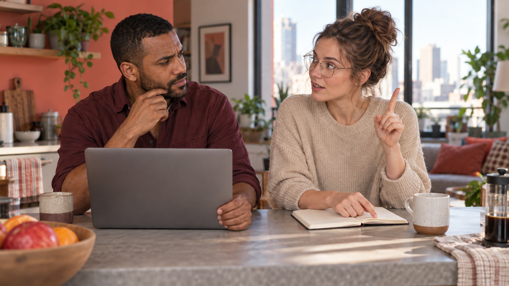 Fictional Isaac and Anna discussing different questions beside a laptop